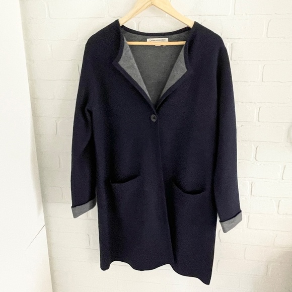Catherine Malandrino Duster Cardigan Navy blue Gray Sz L Oversized - Picture 3 of 12